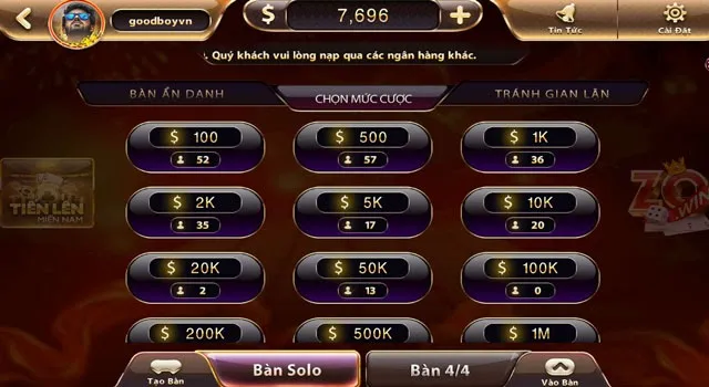 Bàn chơi tiến lên miền nam tại Zowin